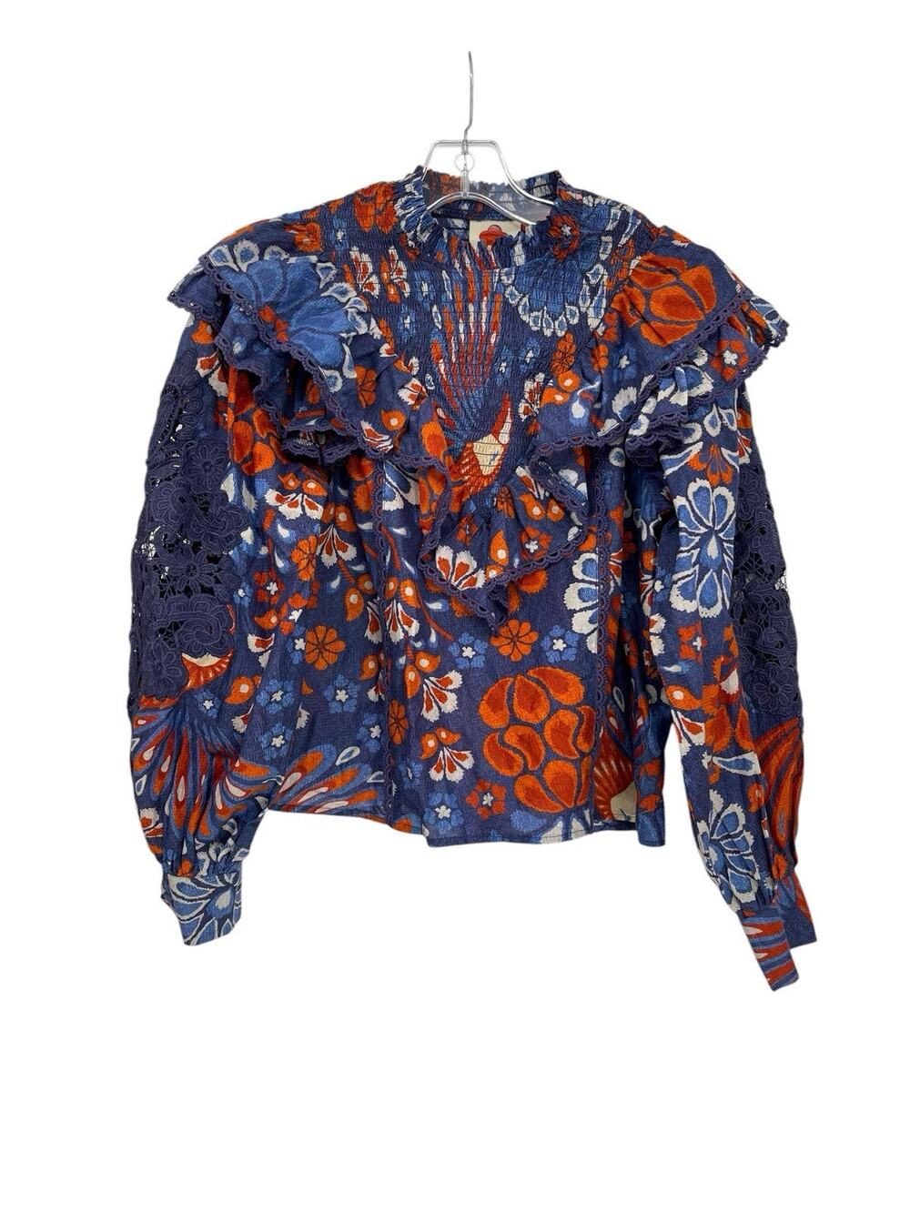 Farm Rio Smocked Blouse Pineapple Flowers Navy Ruffled Size Small